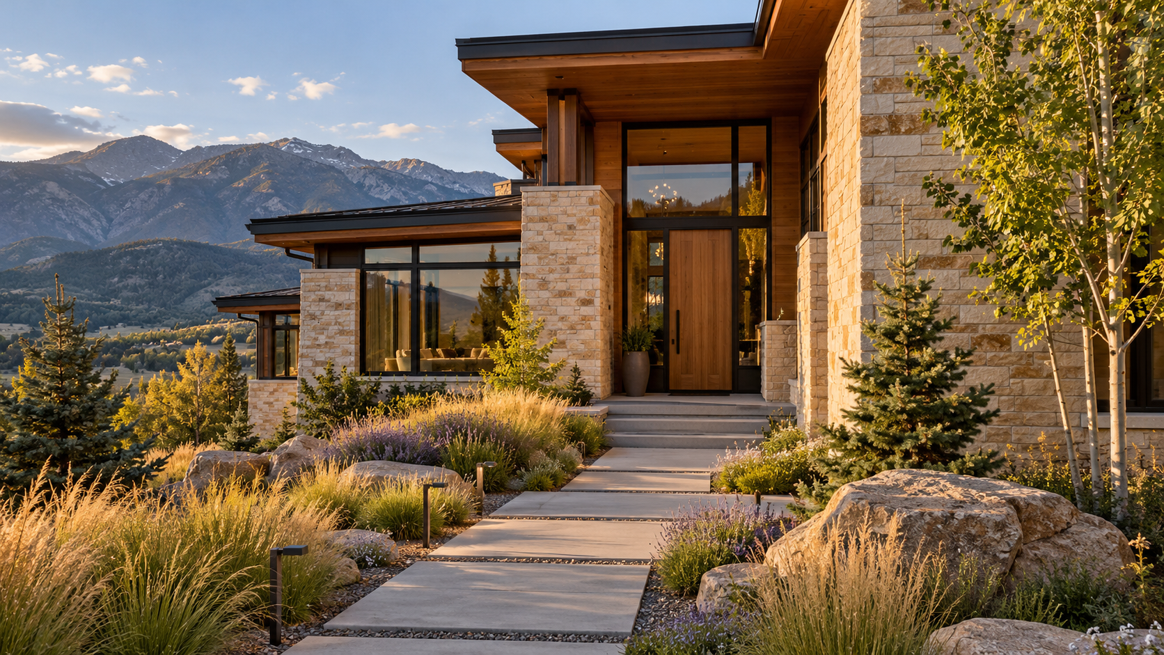 AI-generated contemporary home with a carefully landscaped entry