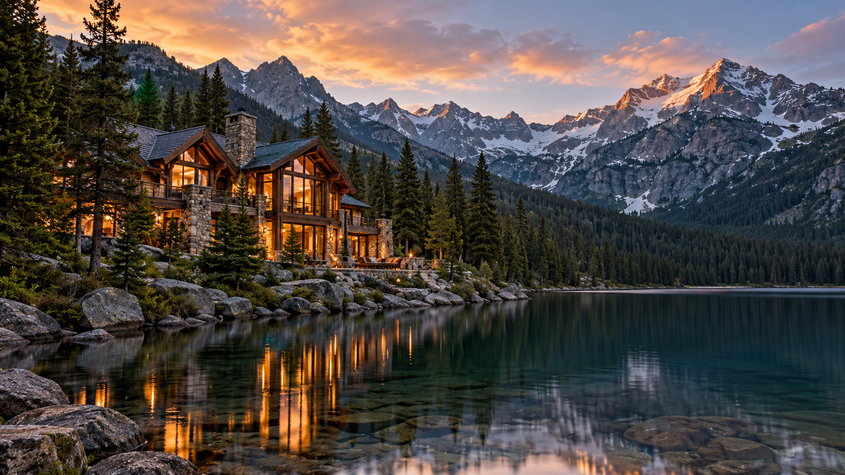 AI-generated mountain lodge beside an alpine lake at sunset