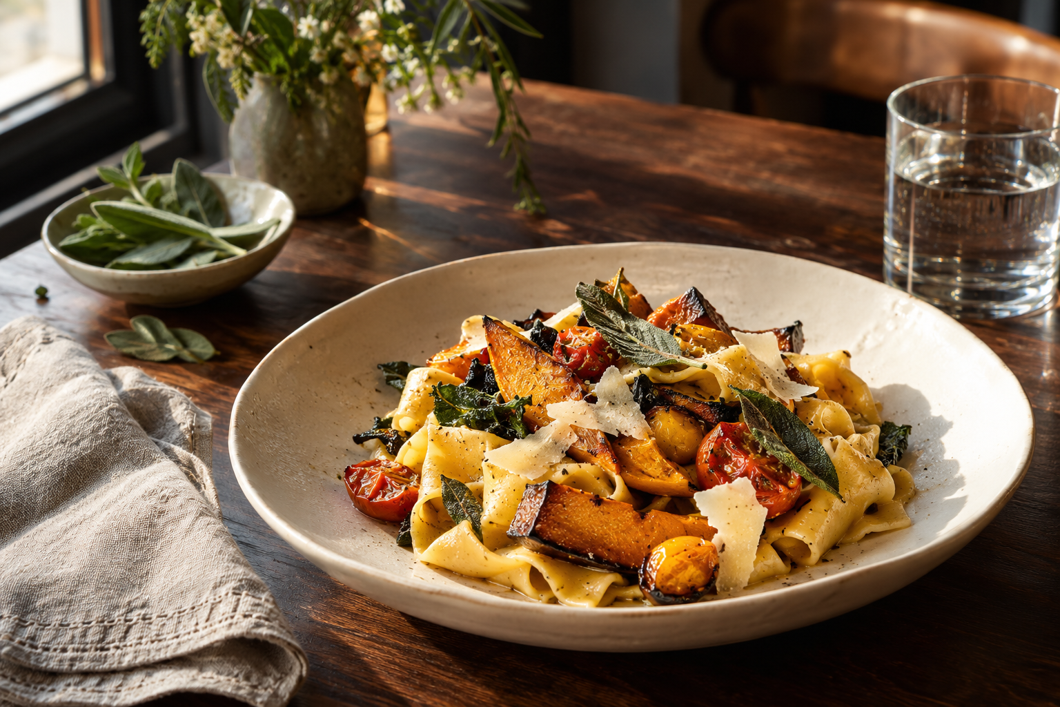 AI-generated seasonal pasta and roast vegetables on handmade ceramic
