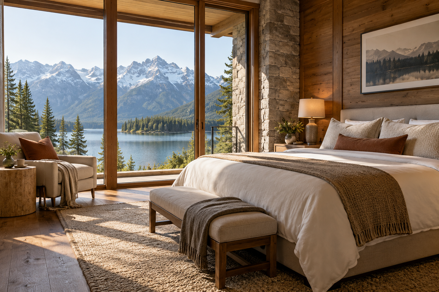 AI-generated concept of a lakeside room with king bed and reading corner